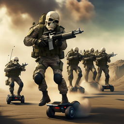 10 combatants, in military camouflage, in the sky, on hover-boards, all combatants are armed with assault rifles and clad in skeleton face mask and normal bullet proof vests