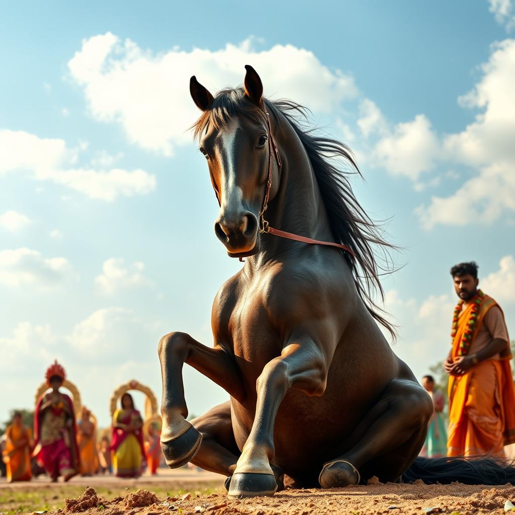 A proud and majestic horse sitting gracefully under a serene Sunday sky, exuding dignity and defiance