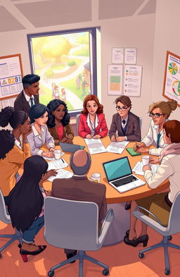 A professional and engaging illustration showcasing a group of diverse educators and administrators observing a collaborative meeting at an educational foundation