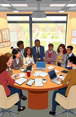 A professional and engaging illustration showcasing a group of diverse educators and administrators observing a collaborative meeting at an educational foundation