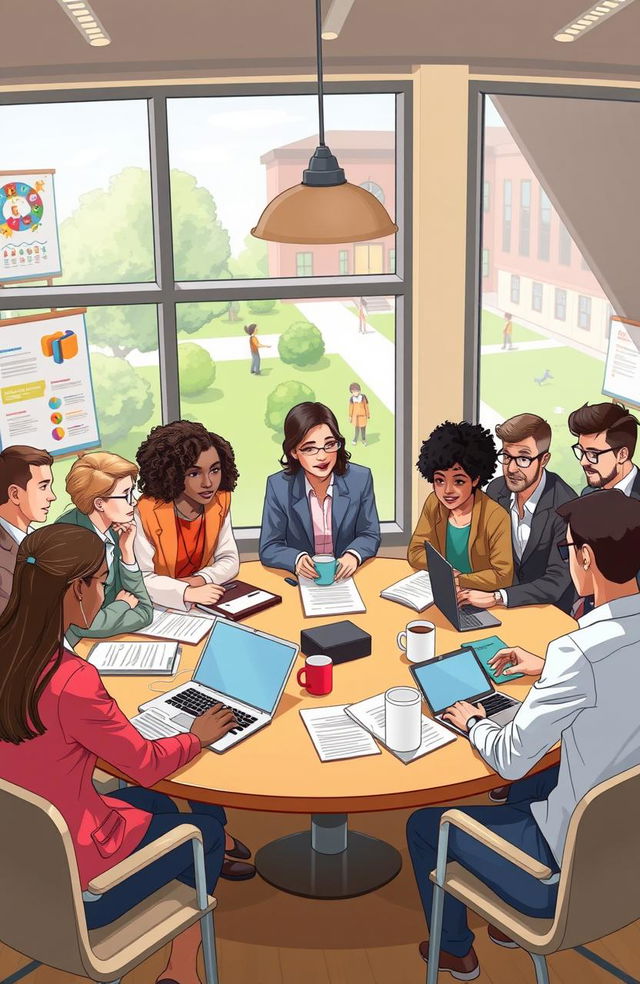 A professional and engaging illustration showcasing a group of diverse educators and administrators observing a collaborative meeting at an educational foundation