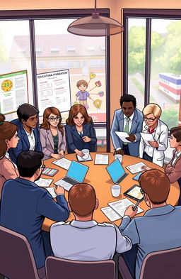 A professional and engaging illustration showcasing a group of diverse educators and administrators observing a collaborative meeting at an educational foundation