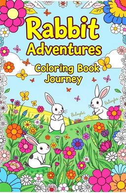 A vibrant and whimsical book cover for a rabbit-themed coloring book, featuring a playful scene of adorable rabbits engaging in various activities such as hopping through a colorful meadow filled with flowers, butterflies fluttering around, and a bright blue sky overhead