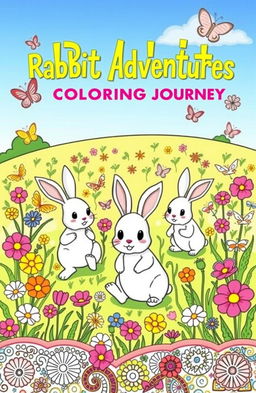 A vibrant and whimsical book cover for a rabbit-themed coloring book, featuring a playful scene of adorable rabbits engaging in various activities such as hopping through a colorful meadow filled with flowers, butterflies fluttering around, and a bright blue sky overhead