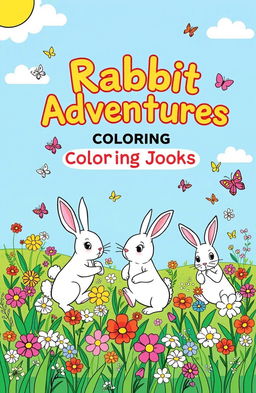 A vibrant and whimsical book cover for a rabbit-themed coloring book, featuring a playful scene of adorable rabbits engaging in various activities such as hopping through a colorful meadow filled with flowers, butterflies fluttering around, and a bright blue sky overhead