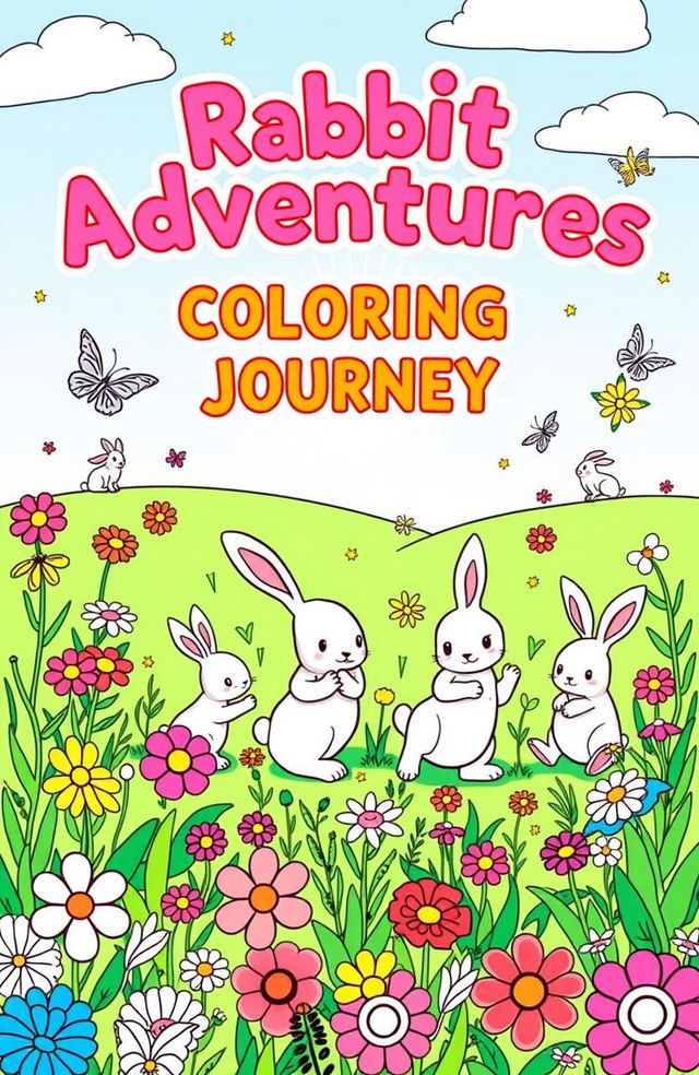 A vibrant and whimsical book cover for a rabbit-themed coloring book, featuring a playful scene of adorable rabbits engaging in various activities such as hopping through a colorful meadow filled with flowers, butterflies fluttering around, and a bright blue sky overhead