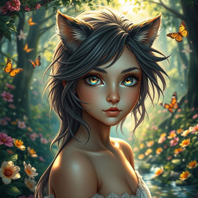 A strikingly beautiful girl with half animal features, showcasing a harmonious blend of human and animal traits