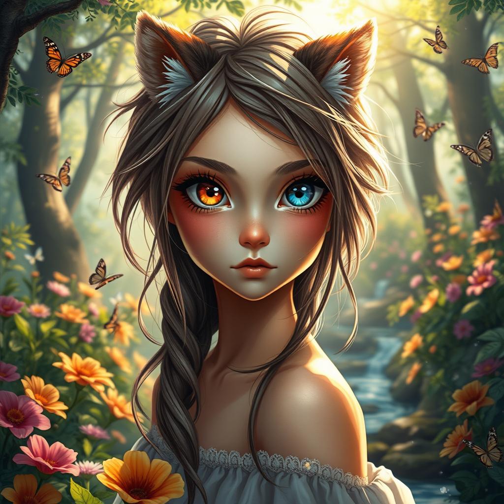 A strikingly beautiful girl with half animal features, showcasing a harmonious blend of human and animal traits