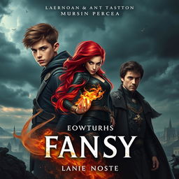 A captivating book cover for a young adult fantasy novel, featuring three main characters: a young soldier with short brown hair and an intense gaze, showcasing his magical powers over earth with swirls of dust and rocks surrounding him; a fierce spy with long fiery red hair, wielding fire magic that radiates warmth and danger, dressed in sleek dark attire; and a long lost prince with an air of regality, wearing ornate royal clothing, looking determined and noble