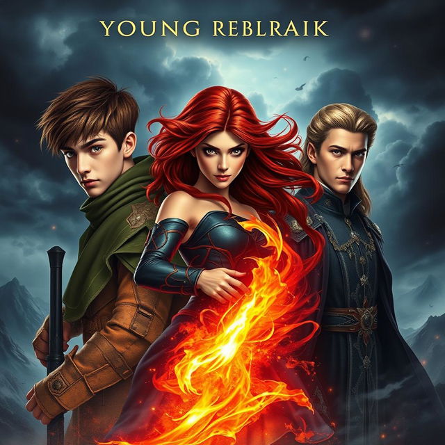 A captivating book cover for a young adult fantasy novel, featuring three main characters: a young soldier with short brown hair and an intense gaze, showcasing his magical powers over earth with swirls of dust and rocks surrounding him; a fierce spy with long fiery red hair, wielding fire magic that radiates warmth and danger, dressed in sleek dark attire; and a long lost prince with an air of regality, wearing ornate royal clothing, looking determined and noble