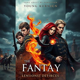 A captivating book cover for a young adult fantasy novel, featuring three main characters: a young soldier with short brown hair and an intense gaze, showcasing his magical powers over earth with swirls of dust and rocks surrounding him; a fierce spy with long fiery red hair, wielding fire magic that radiates warmth and danger, dressed in sleek dark attire; and a long lost prince with an air of regality, wearing ornate royal clothing, looking determined and noble