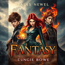 A captivating book cover for a young adult fantasy novel, featuring three main characters: a young soldier with short brown hair and an intense gaze, showcasing his magical powers over earth with swirls of dust and rocks surrounding him; a fierce spy with long fiery red hair, wielding fire magic that radiates warmth and danger, dressed in sleek dark attire; and a long lost prince with an air of regality, wearing ornate royal clothing, looking determined and noble