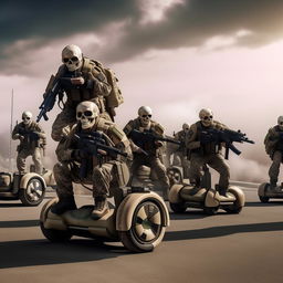 10 combatants, in military camouflage, in the sky, on hover-boards, all combatants are armed with assault rifles and clad in skeleton face mask and normal bullet proof vests