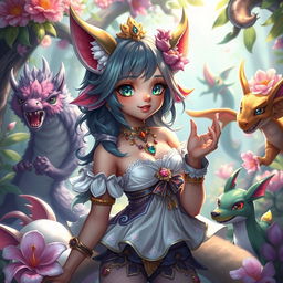 A fantasy character that is a girl and half-animal, featuring charming anthropomorphic traits and stunning details