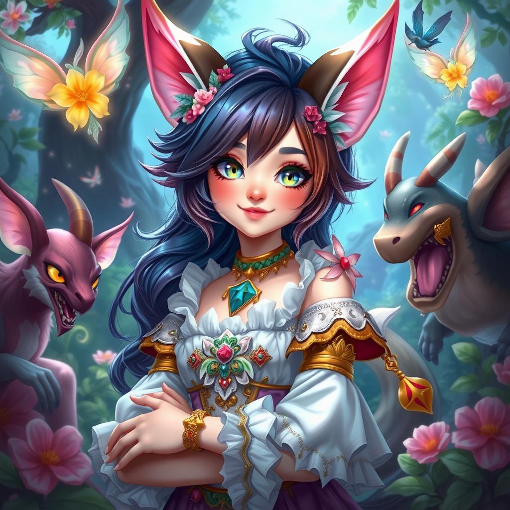 A fantasy character that is a girl and half-animal, featuring charming anthropomorphic traits and stunning details