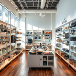 A modern kitchenware retail store, featuring sleek shelving filled with a variety of stylish pots, pans, utensils, and gadgets