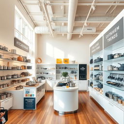 A modern kitchenware retail store, featuring sleek shelving filled with a variety of stylish pots, pans, utensils, and gadgets