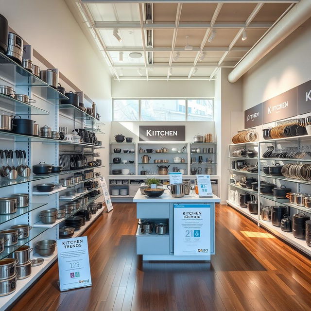 A modern kitchenware retail store, featuring sleek shelving filled with a variety of stylish pots, pans, utensils, and gadgets