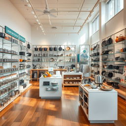 A modern kitchenware retail store, featuring sleek shelving filled with a variety of stylish pots, pans, utensils, and gadgets