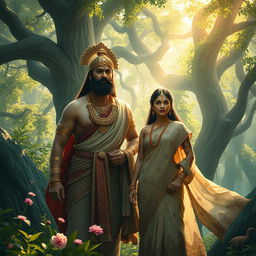 An evocative scene from the Mahabharata featuring Pandu, a towering yet thoughtful warrior with a regal bearing, and Madri, his graceful and elegant wife, whose beauty radiates a gentle strength