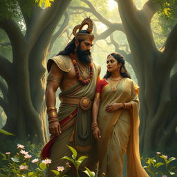 An evocative scene from the Mahabharata featuring Pandu, a towering yet thoughtful warrior with a regal bearing, and Madri, his graceful and elegant wife, whose beauty radiates a gentle strength