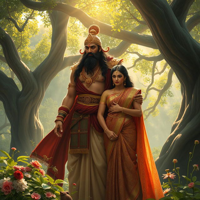 An evocative scene from the Mahabharata featuring Pandu, a towering yet thoughtful warrior with a regal bearing, and Madri, his graceful and elegant wife, whose beauty radiates a gentle strength