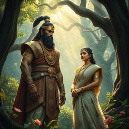 An evocative scene from the Mahabharata featuring Pandu, a towering yet thoughtful warrior with a regal bearing, and Madri, his graceful and elegant wife, whose beauty radiates a gentle strength