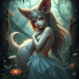 A surreal and fantastical scene featuring a mythical creature that is half girl and half animal