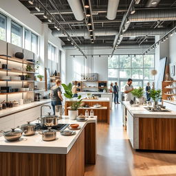 A beautifully designed modern luxury kitchenware retail showroom showcasing an array of high-end kitchen appliances and elegant cookware
