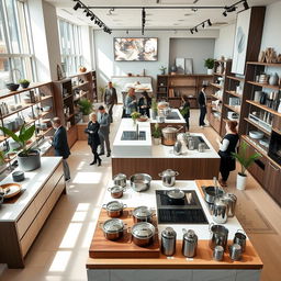 A beautifully designed modern luxury kitchenware retail showroom showcasing an array of high-end kitchen appliances and elegant cookware