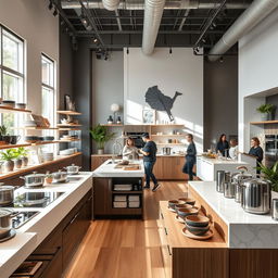 A beautifully designed modern luxury kitchenware retail showroom showcasing an array of high-end kitchen appliances and elegant cookware
