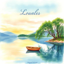 A captivating watercolor painting of a serene lakeside scene, featuring smooth, reflective water surrounded by lush greenery and gentle hills in the background