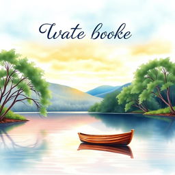 A captivating watercolor painting of a serene lakeside scene, featuring smooth, reflective water surrounded by lush greenery and gentle hills in the background