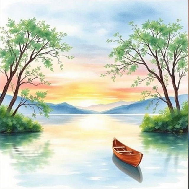 A captivating watercolor painting of a serene lakeside scene, featuring smooth, reflective water surrounded by lush greenery and gentle hills in the background