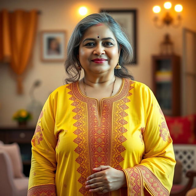 A beautiful plus-size 50-year-old Indian housewife wearing a vibrant yellow kurta