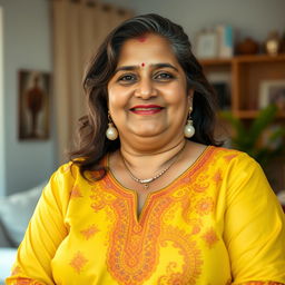 A beautiful plus-size 50-year-old Indian housewife wearing a vibrant yellow kurta