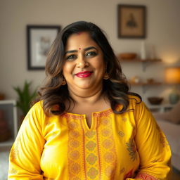 A beautiful plus-size 50-year-old Indian housewife wearing a vibrant yellow kurta