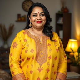 A beautiful plus-size 50-year-old Indian housewife wearing a vibrant yellow kurta