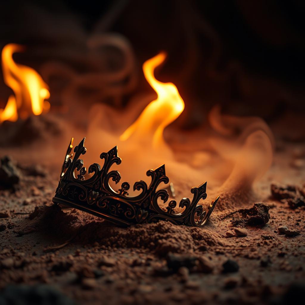 An artistic and beautiful image that evokes a haunting and magical atmosphere, featuring a broken crown lying on the ground, surrounded by swirling dust and earthy elements