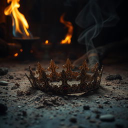 An artistic and beautiful image that evokes a haunting and magical atmosphere, featuring a broken crown lying on the ground, surrounded by swirling dust and earthy elements