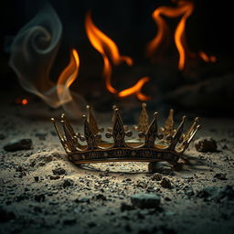 An artistic and beautiful image that evokes a haunting and magical atmosphere, featuring a broken crown lying on the ground, surrounded by swirling dust and earthy elements