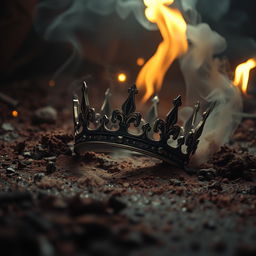 An artistic and beautiful image that evokes a haunting and magical atmosphere, featuring a broken crown lying on the ground, surrounded by swirling dust and earthy elements