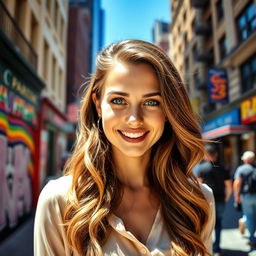 A confident woman in her early 30s with long, wavy brown hair and bright green eyes, showcasing a warm smile