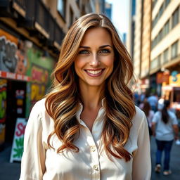 A confident woman in her early 30s with long, wavy brown hair and bright green eyes, showcasing a warm smile