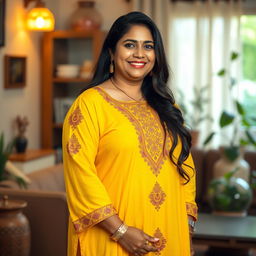 A full-body portrait of a beautiful plus-size 50-year-old Indian housewife wearing a vibrant yellow kurta