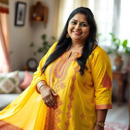 A full-body portrait of a beautiful plus-size 50-year-old Indian housewife wearing a vibrant yellow kurta