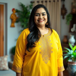 A full-body portrait of a beautiful plus-size 50-year-old Indian housewife wearing a vibrant yellow kurta