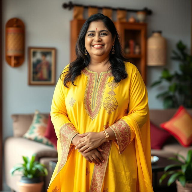 A full-body portrait of a beautiful plus-size 50-year-old Indian housewife wearing a vibrant yellow kurta