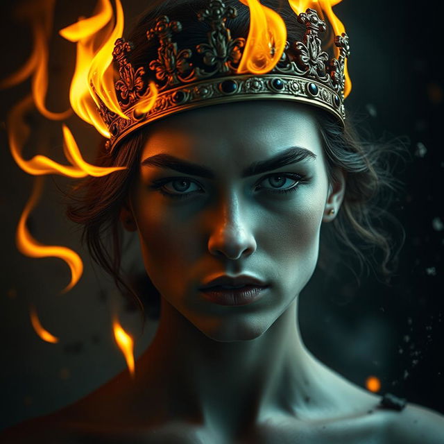 A haunting and magical portrait of a person with an artistic expression, featuring a broken crown symbolizing lost power and betrayal