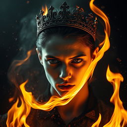 A haunting and magical portrait of a person with an artistic expression, featuring a broken crown symbolizing lost power and betrayal